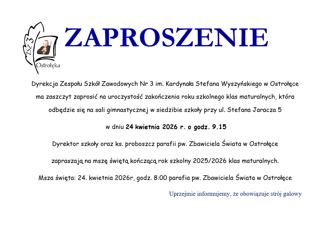 Zaproszenie na uroczystość zakończenia roku szkolnego klas maturalnych 2025/2026